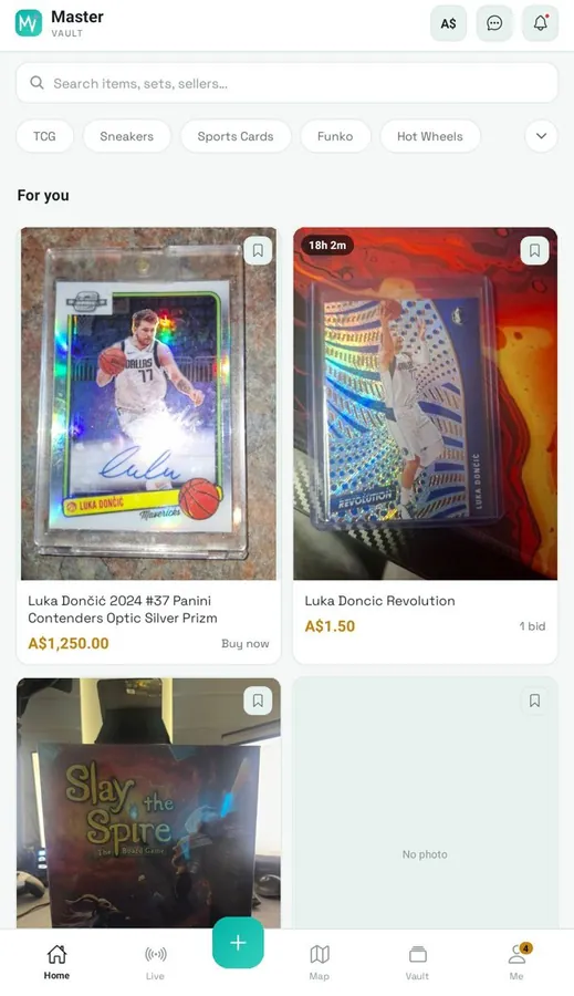 The marketplace feed showing items for sale