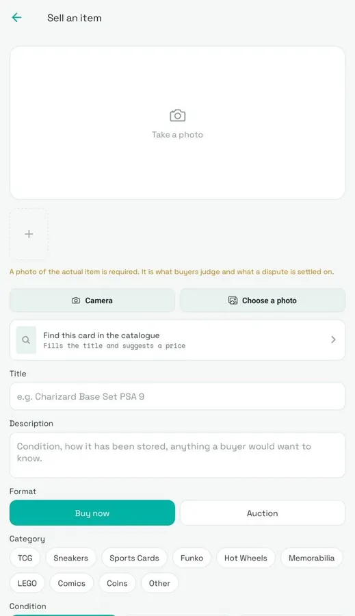 The listing screen, with photo, title, description and price